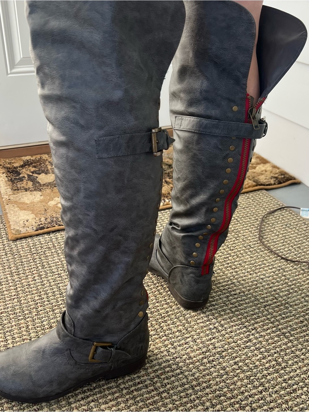 Journee Collection Kane Wide Calf Gray Knee-High Boots with Red Zipper Accent